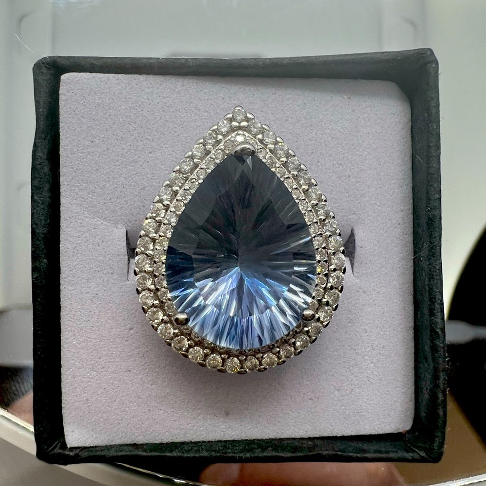 Sterling Silver Ring Starry Blue Quartz Large Stone Pear Cut w Crystal Accents.